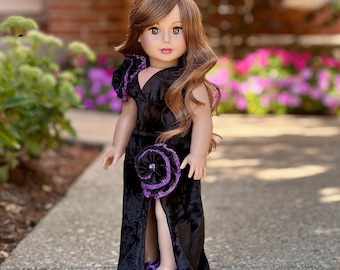 Royal Velvet -  Evening Gown for 18 inch Doll: Dress with Black & Purple Rosettes, Shoes