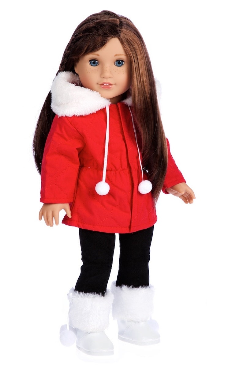 Winter Extravaganza - Clothes for 18 Inch  Dolls - 3 Piece Outfit - Red Quilted Parka with Black Leggings and White Boots