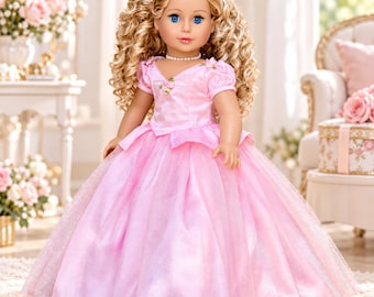 Pretty Pink - 18-Inch Doll Princess Outfit Set – Pink Satin Ball Gown, Necklace, Headpiece