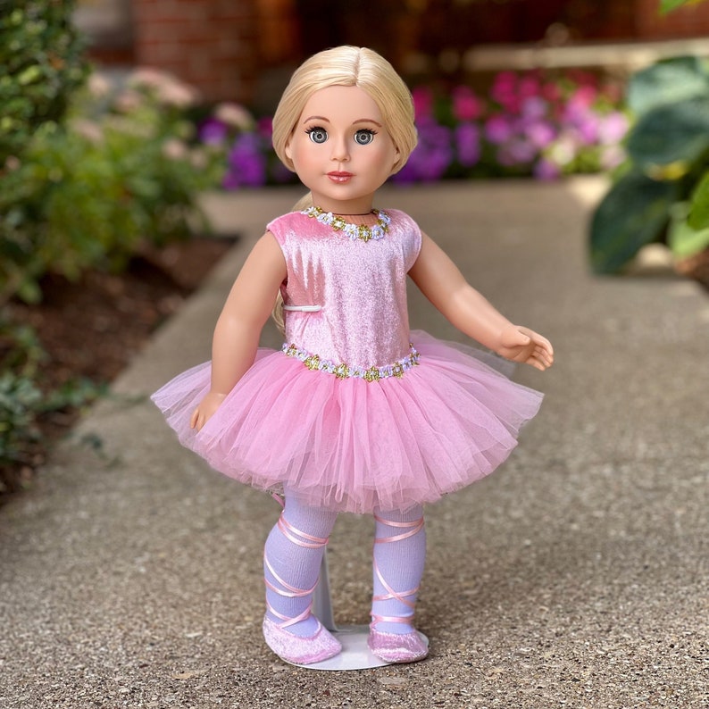 Prima Ballerina - 3 piece ballet outfit for 18 inch doll includes pink velvet leotard with pink tulle tutu skirt, white polyester  tights and pink ballet slippers.