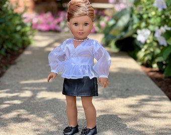 Elegant White Satin Blouse & Black Skirt  and Shoes Set for 18‑Inch Dolls
