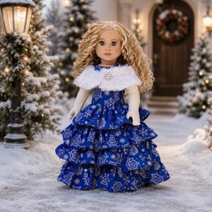 Silver Snowflake - 18 inch Doll Clothes - Blue Snowflake Gown, White Stole & Gloves