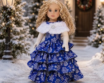 Silver Snowflake - 18 inch Doll Clothes - Blue Snowflake Gown, White Stole & Gloves