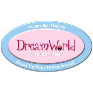 May include: An oval logo with a light blue border and a pink centre. The text reads Couture Doll Clothing, DreamWorld COLLECTIONS, and Dress Up Your DreamWorld! The letter O in DreamWorld is replaced by a red and black ladybug graphic.