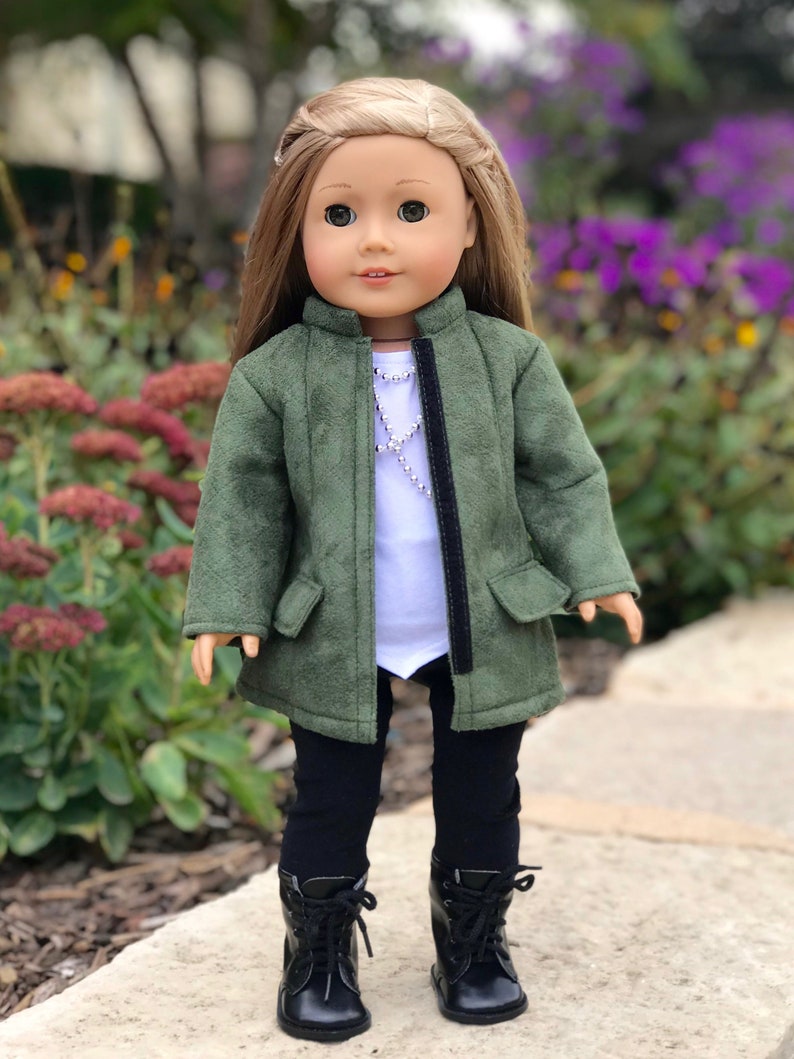 Autumn Stroll - Doll Outfit for 18 inch Dolls - Green Coat, White Blouse, Black Velvet Leggings, Black Boots