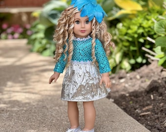 English Elegance - Turquoise Dress with Hat & Silver Shoes - 18 inch doll clothes