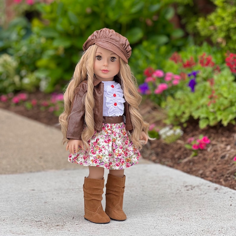 Urban Explorer Doll Clothes for 18 inch Doll Brown Motorcycle Jacket, Paperboy Hat, Dress and Boots image 4