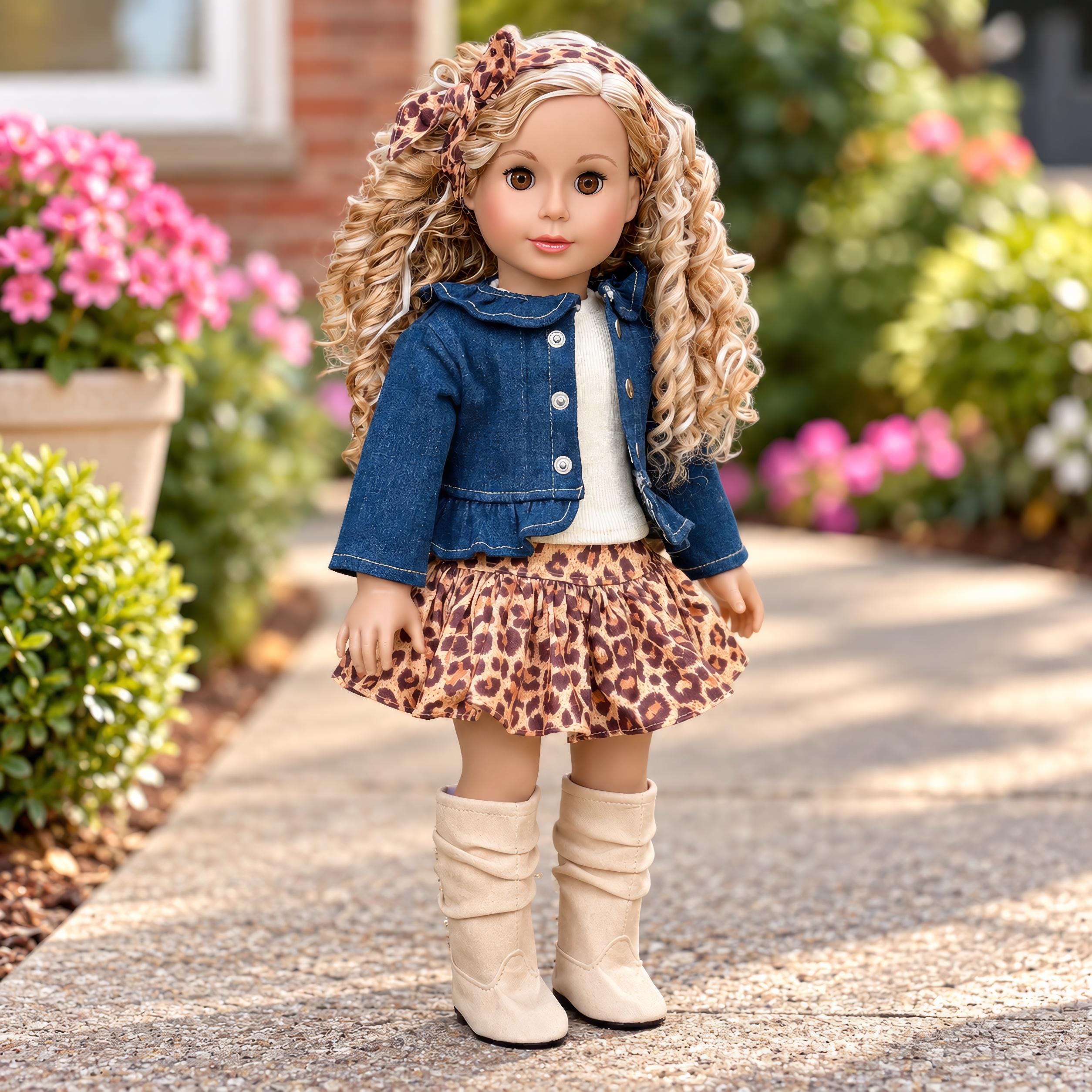 Adventure - 18 Inch Doll Clothes: 5-Piece Outfit - Denim Jacket, Cheetah Skirt (Doll Not Included)