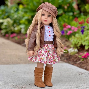 Urban Explorer Doll Clothes for 18 inch Doll Brown Motorcycle Jacket, Paperboy Hat, Dress and Boots image 2