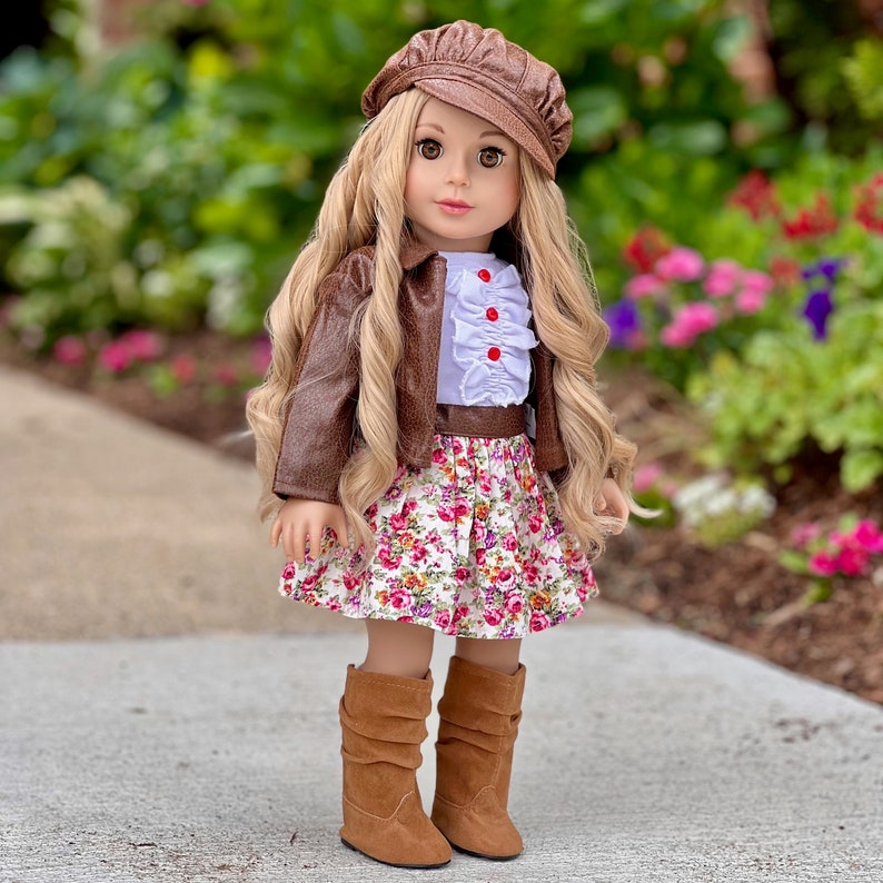 Urban Explorer Doll Clothes for 18 inch Doll Brown Motorcycle Jacket, Paperboy Hat, Dress and Boots image 2