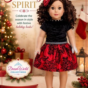 May include: A doll outfit consisting of a black velvet short-sleeved top with a jeweled neckline and a red satin skirt featuring a black floral pattern and a jeweled waistband. The set includes a red flower hair accessory and red shoes.