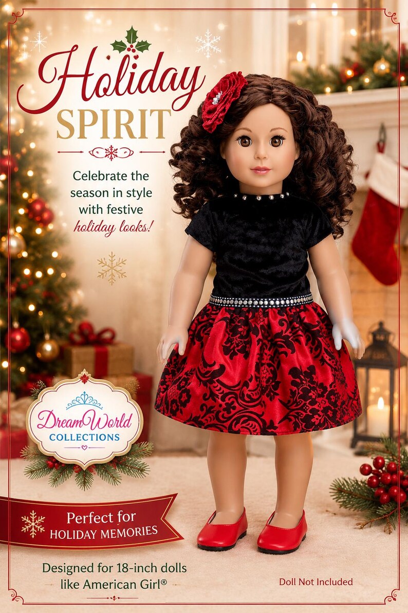 May include: A doll outfit consisting of a black velvet short-sleeved top with a jeweled neckline and a red satin skirt featuring a black floral pattern and a jeweled waistband. The set includes a red flower hair accessory and red shoes.