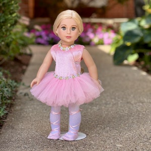 Prima Ballerina Clothes Fits 18 inch Doll 3 Piece Ballet Outfit Pink Leotard with Tutu, White Tights and Slippers image 4