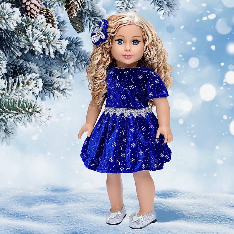 Midnight Blue - 3 piece holiday outfit for 18 inch doll - navy blue dress with matching decorative hair accessoire and silver shoes.
