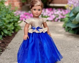 Elegant Royal Blue & Gold Gown for 18‑Inch Dolls - Doll Not Included