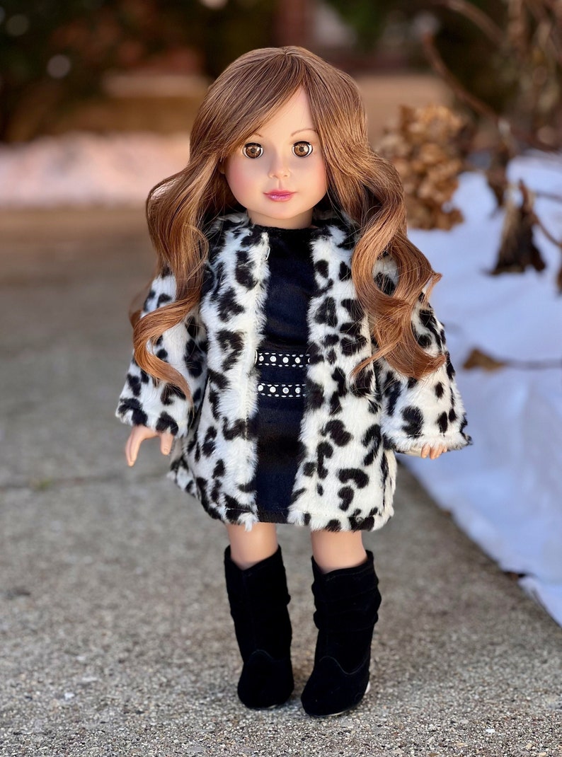 Maykona - Glamour Girl - Doll Clothes for 18 inch Doll - Snow Leopard Faux Fur Coat with Black Velvet Dress and  Boots