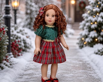 Christmas Classic - 18 Inch Dolls Clothes -  Holiday Party Dress, Red Shoes & Bow