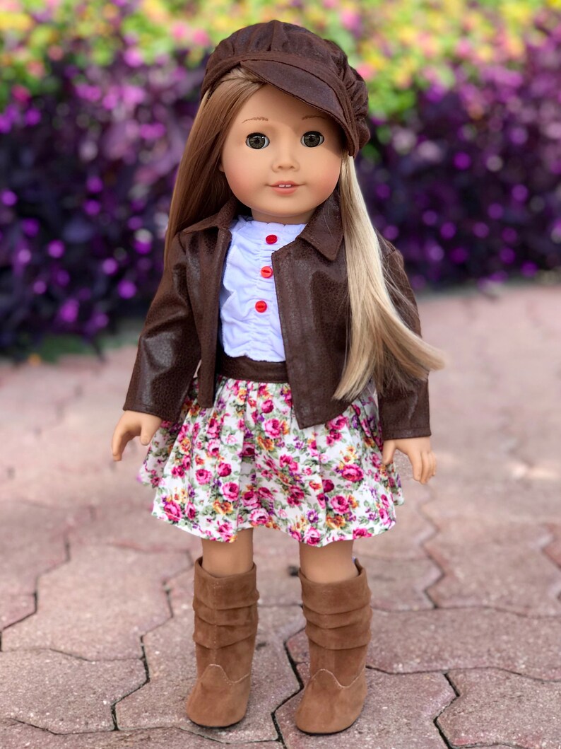 Urban Explorer - Doll Clothes for 18 inch Doll - Brown Motorcycle Jacket, Paperboy Hat, Dress and Boots