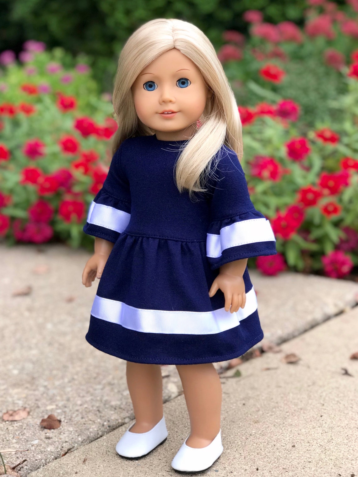Navy Blue 18 Inch Doll Dress - Classic Bell Sleeve Design With White Stripes, Fits Most 18" Dolls (doll Not Included)