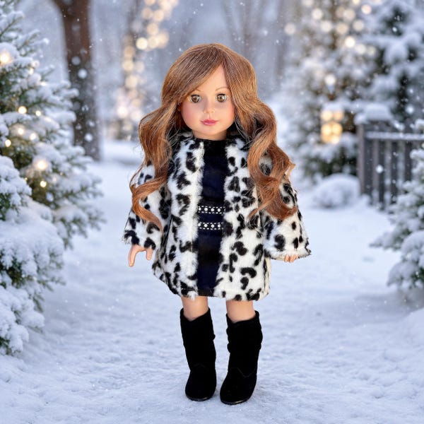 Glamour Girl - Doll Clothes for 18 inch Doll - Snow Leopard Faux Fur Coat with Black Velvet Dress and  Boots