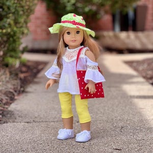 Summer Time - 5 Piece Outfit for 18 inch Doll - Tunic, Leggings, Bag, Sneakers and Hat  (Doll Not Included)