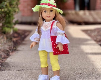 Summer Time - 5 Piece Outfit for 18 inch Doll - Tunic, Leggings, Bag, Sneakers and Hat  (Doll Not Included)