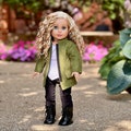 Autumn Stroll - Clothes Fits 18 inch Doll - Green Coat, White Blouse, Black Velvet Leggings, Black Boots