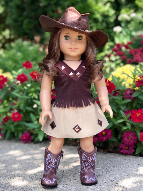 Dreamworld Collections Cowgirl 4 Piece Outfit Cowgirl Hat, Skirt, Top and Cowgirl Boots 18 inch Doll Clothes Doll Not Included