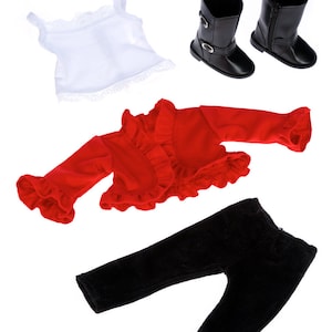 May include: A doll outfit set with a red ruffled jacket, black pants, a white lace tank top, and black boots.