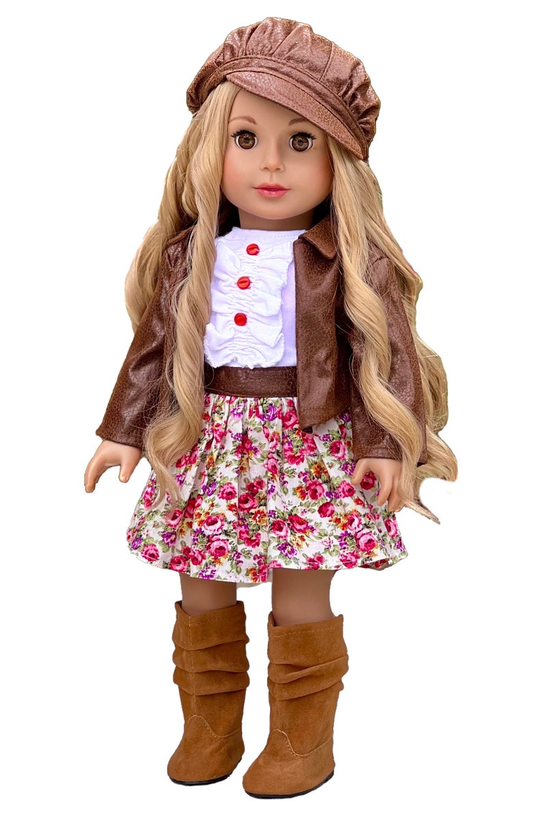 Urban Explorer Doll Clothes for 18 inch Doll Brown Motorcycle Jacket, Paperboy Hat, Dress and Boots image 7