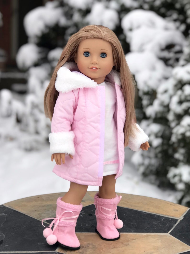 Cotton Candy - Doll Clothes for 18 inch Doll - Pink Parka with Hood, Short Ivory Dress and Pink Boots