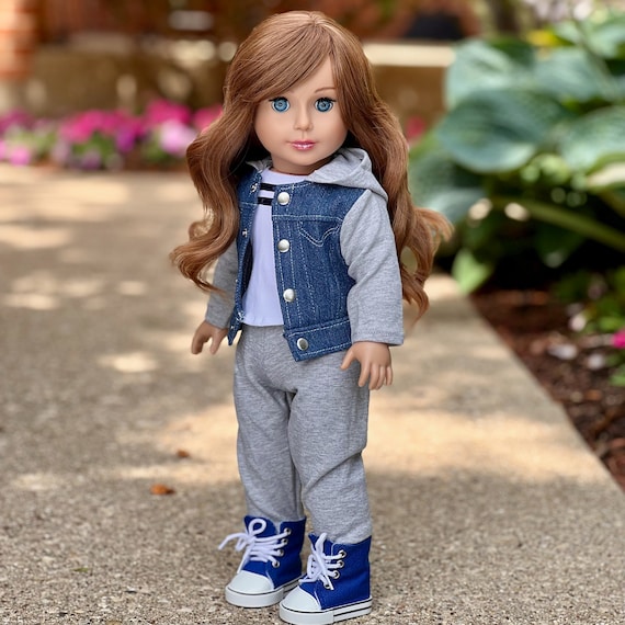 Tomboy -4 Piece 18 Inch Doll Outfit – Jeans Jacket, Sweatpants, T-Shirt and Boots
