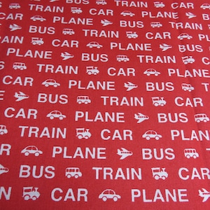 Trains, Planes, Cars and Buses - Red with White Lettering - One continuous cut -Fabric is sold by the 1/2 yard