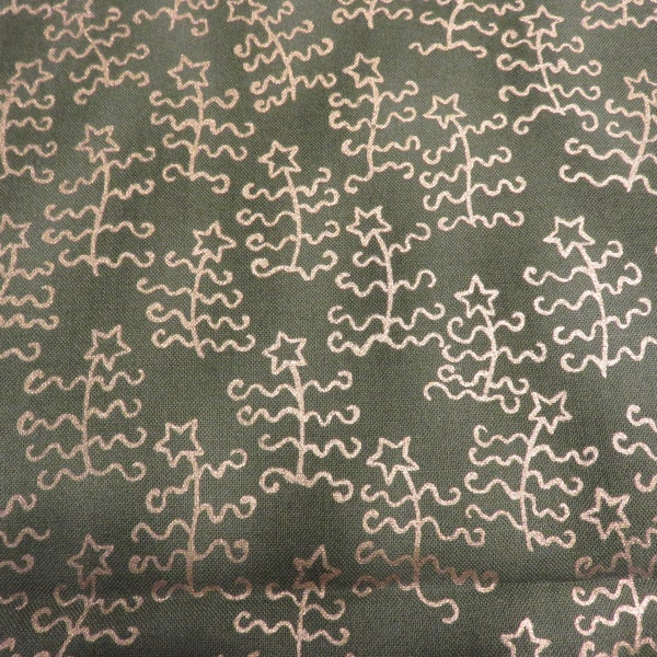 Dear Santa By Diane Knott for Clothworks- Green with Gold Metallic Trees with a Star- Fabric is Priced per 1/2 yard