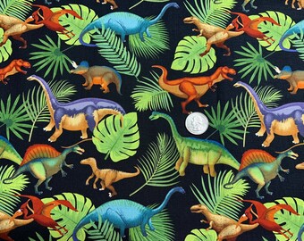 May include: A black fabric with a repeating pattern of colorful dinosaurs and tropical leaves. The dinosaurs are in various poses, including standing, walking, and running. The leaves are green and have a variety of shapes.