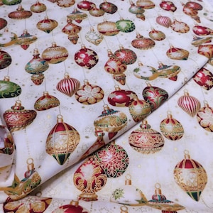 Holiday Ornament Fabric, Robert Kaufman, Red, Green, and Gold, Beige Background