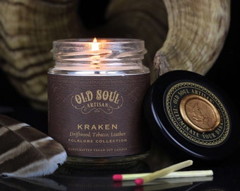 Kraken Soy Candle - Driftwood, Tobacco & Leather - Inspired by Scandinavian Folklore - Norse Sea Monster - Perfect for Lovecraft Cthulhu Fan