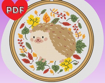 Autumn Sampler Cross Stitch Pattern Hedgehog Leaves Pumpkin Fall PDF ...