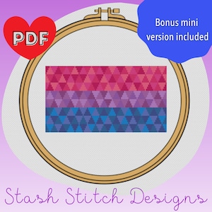 May include: A cross stitch pattern of the bisexual pride flag, featuring a geometric design of pink, purple, and blue triangles. The pattern is displayed in a wooden embroidery hoop. The text "PDF" is visible in a red heart shape and the text "Bonus mini version included" is visible in a blue speech bubble.
