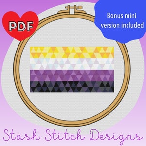 May include: A cross-stitch pattern for a genderqueer pride flag. The flag is made up of five horizontal stripes: yellow, white, purple, black, and grey. Each stripe is made up of small triangles. The pattern is in a wooden embroidery hoop. The text "PDF" is in a red heart shape. The text "Bonus mini version included" is in blue text.