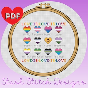 LGBTQ+ Pride Hearts Cross Stitch Pattern