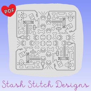 Può includere: Schema di punto croce in bianco e nero con icone a tema cani, tra cui ossa, impronte di zampe, cucce per cani e guinzagli. Lo schema è intitolato "Stash Stitch Designs".