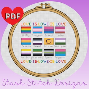 Op de afbeelding: Een kruissteekpatroon met verschillende pride-vlaggen, waaronder de regenboog-, transgender-, biseksuele-, lesbische-, panseksuele-, aseksuele-, intersekse-, genderqueer-, non-binaire-, aromantische-, agender- en polyseksuele vlaggen. Het patroon is omgeven door een bruine hoepel en de tekst "LOVE IS LOVE" wordt boven en onder de vlaggen weergegeven.