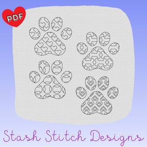 May include: Black and white line art cross stitch pattern of four paw prints. Each paw print has a different pattern inside: hearts, bones, tennis balls, and hearts.