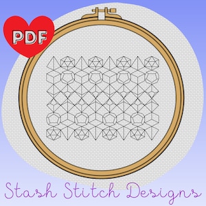 May include: A black and white geometric cross stitch pattern featuring a repeating design of cubes, diamonds, and pentagons. The pattern is displayed in a wooden embroidery hoop.