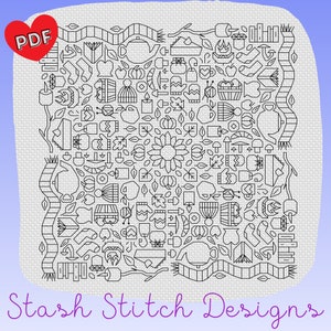 May include: Black and white line art cross stitch pattern featuring a variety of autumn and winter themed icons, including leaves, pumpkins, teapots, scarves, and mittens. The pattern is surrounded by a border of leaves and branches. The text "Stash Stitch Designs" is at the bottom of the pattern.