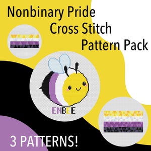 Può includere: Un pacchetto di modelli di punto croce con tre disegni che presentano una bandiera del pride non binario e un'ape con il testo "Enbee" sul corpo dell'ape. Il testo "Nonbinary Pride Cross Stitch Pattern Pack" è nella parte superiore dell'immagine e il testo "3 PATTERNS!" è nella parte inferiore dell'immagine.