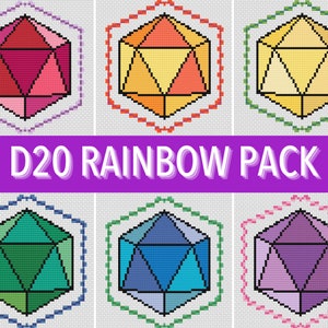 May include: A collection of six colorful D20 dice designs in a rainbow of hues, each set within a hexagonal frame. The text "D20 RAINBOW PACK" is displayed across the center. The dice are rendered in a pixelated style.