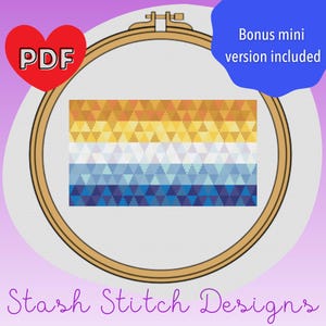 Puede incluir: Patrón de punto de cruz en un bastidor de bordado de madera, con un diseño geométrico. El diseño utiliza triángulos en tonos naranja, amarillo, blanco y azul. Incluye el texto "PDF", "Bonus mini version included" y "Stash Stitch Designs".