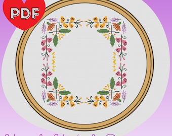 Flower Border Cross Stitch Pattern Colorful Floral Frame Border